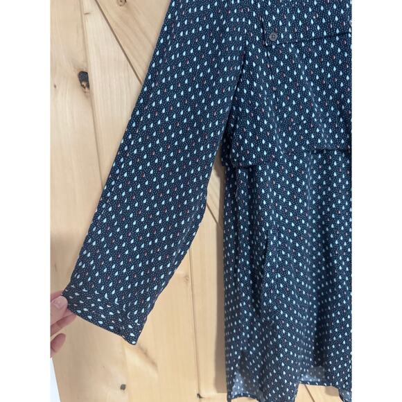 L.L. Bean Signature | Blue Geometric Pattern Button Down Tunic Blouse  | Size 12 - Picture 3 of 14